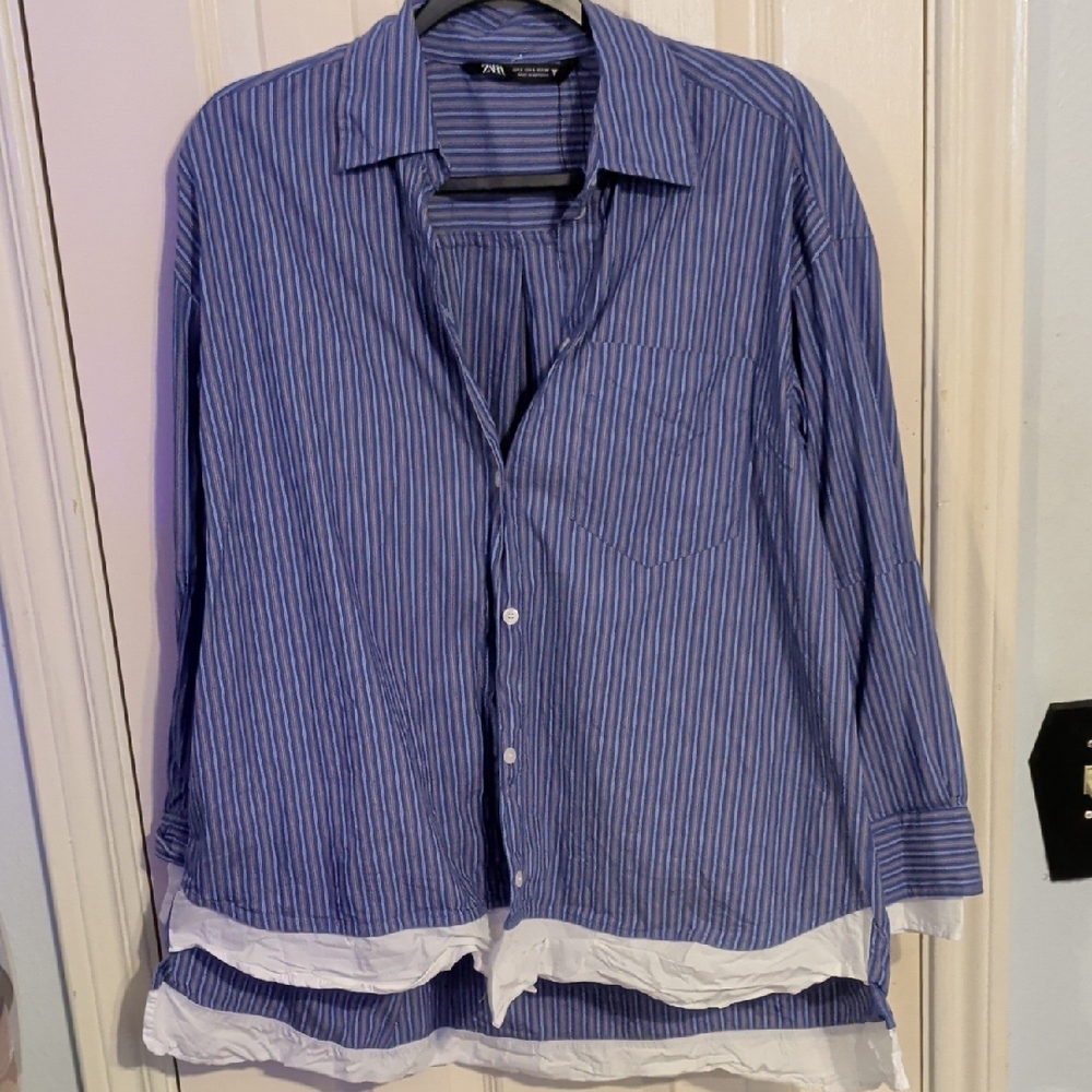 Zara Blue and White Striped Shirt